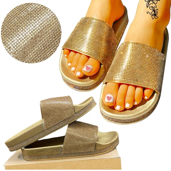 Shoes - Gold Rhinestone Slides - Comfortable Sparkling Sandals with Glitter Band NWB!